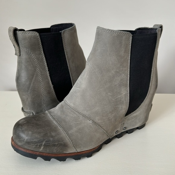 Sorel Lea Wedge Boots Dark Gray Pull-On Waterproof Leather Winter Shoe 11 - Picture 3 of 15